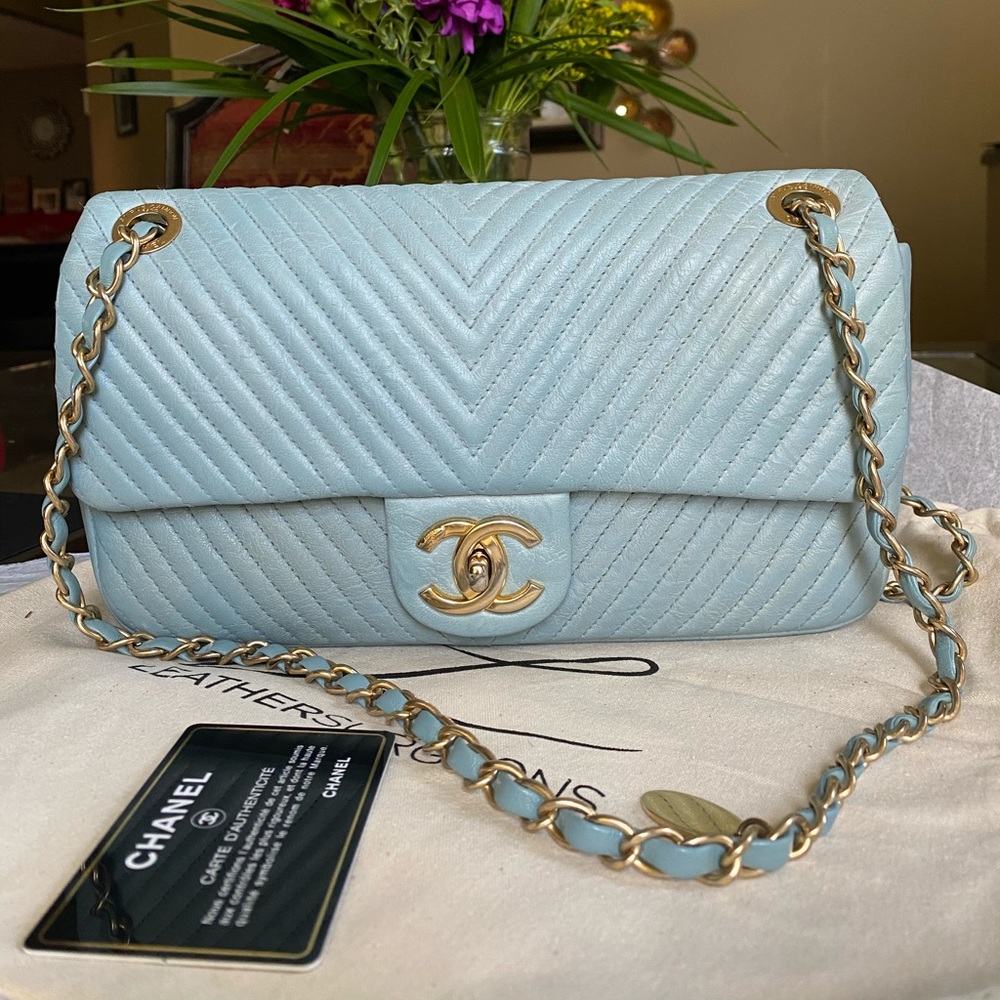 Chanel Chevron Flap Bag Light Blue - Picture 1 of 11